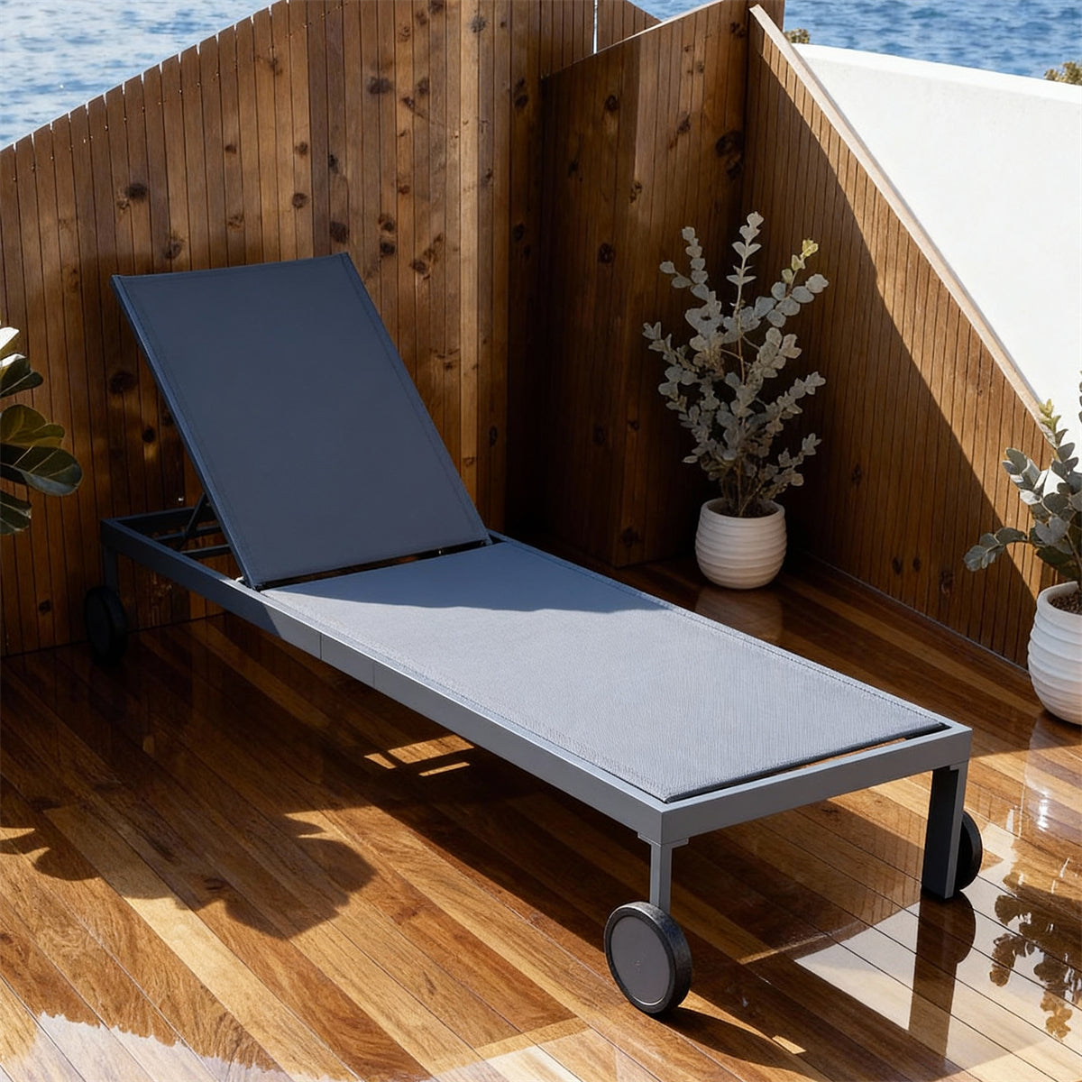 TYSF2544 Vibrant Blue Metal-Frame Wheeled Adjustable Outdoor Sun Lounger – Rio de Janeiro Brazil Coastal Terrace Luxury Vibrant Outdoor Reclining Sunbed