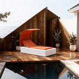 TYSF2550 White Rattan Outdoor Sun Lounger with Orange Canopy & Matching Cushions – Algarve Portugal Coastal Terrace Luxury Vibrant Outdoor Reclining Sunbed