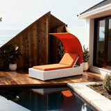 TYSF2550 White Rattan Outdoor Sun Lounger with Orange Canopy & Matching Cushions – Algarve Portugal Coastal Terrace Luxury Vibrant Outdoor Reclining Sunbed