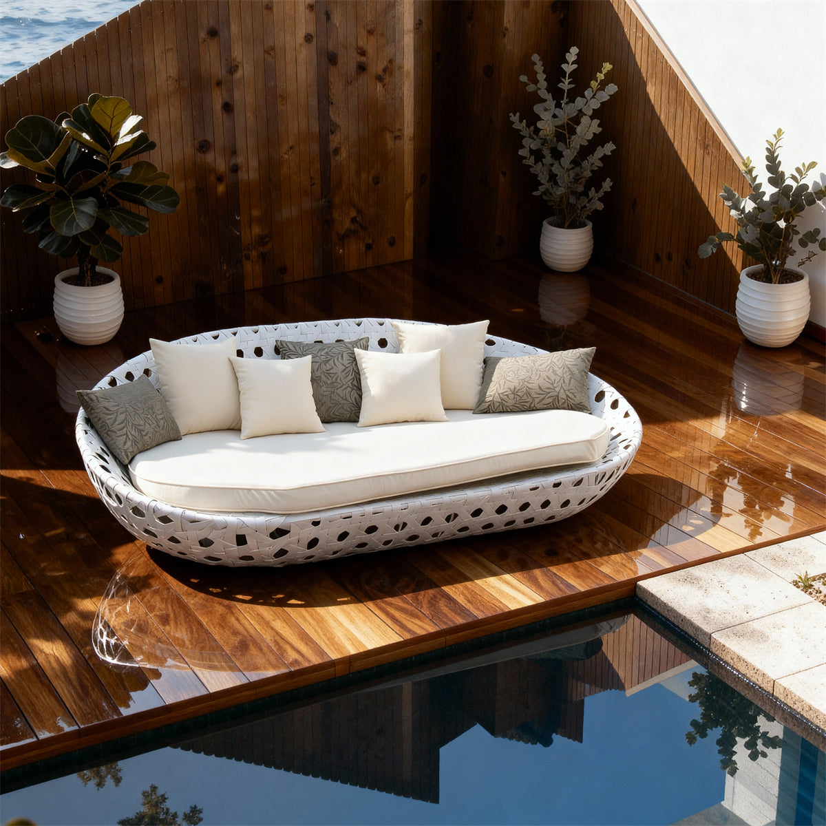 TYSF2545 White Cutout Rattan Curved Outdoor Daybed with White & Grey-Patterned Cushions – Bali Indonesia Coastal Terrace Luxury Private Outdoor Reclining Daybed