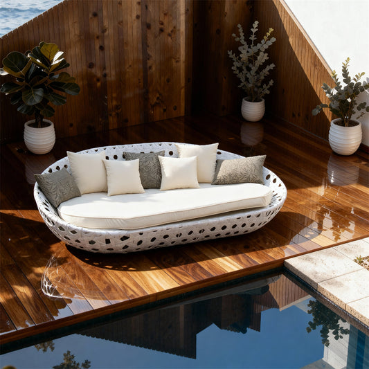 TYSF2545 White Cutout Rattan Curved Outdoor Daybed with White & Grey-Patterned Cushions – Bali Indonesia Coastal Terrace Luxury Private Outdoor Reclining Daybed