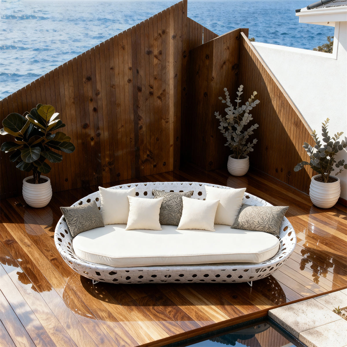 TYSF2545 White Cutout Rattan Curved Outdoor Daybed with White & Grey-Patterned Cushions – Bali Indonesia Coastal Terrace Luxury Private Outdoor Reclining Daybed