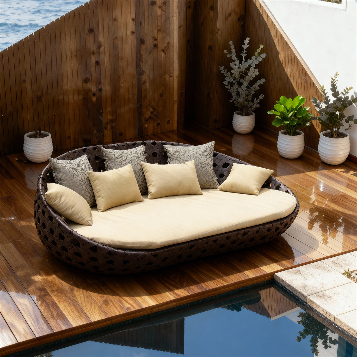 TYSF2545 White Cutout Rattan Curved Outdoor Daybed with White & Grey-Patterned Cushions – Bali Indonesia Coastal Terrace Luxury Private Outdoor Reclining Daybed