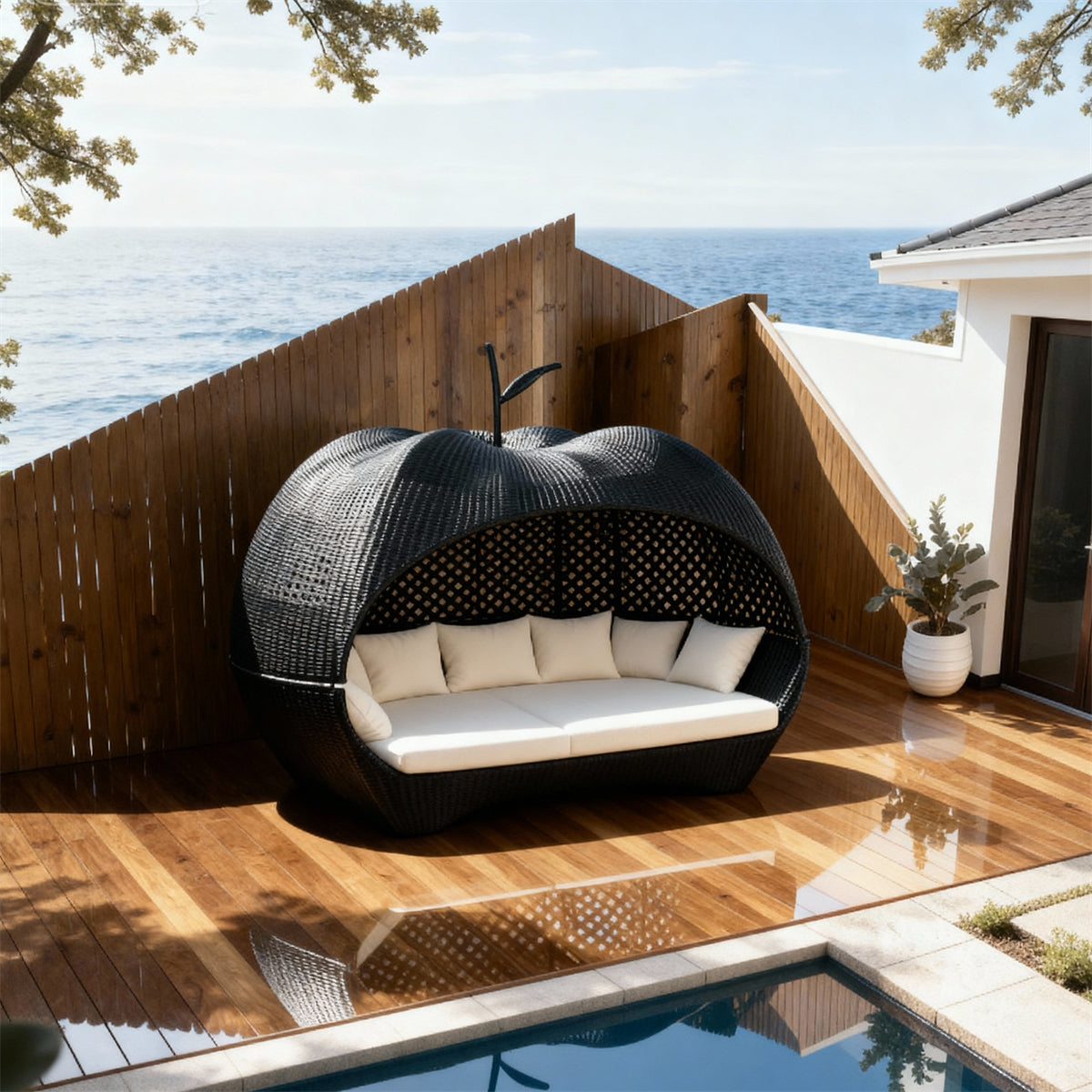 TYSF2546 Black Rattan Apple-Shaped Private Outdoor Lounge Chair with Cream Cushions – Ibiza Spain Coastal Terrace Luxury Artistic Outdoor Pod Chair