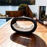 TYSF2547 Black Rattan Curved Canopy Private Outdoor Daybed with Cream Cushions – Santorini Greece Coastal Terrace Luxury Minimalist Outdoor Pod Daybed