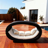 TYSF2547 Black Rattan Curved Canopy Private Outdoor Daybed with Cream Cushions – Santorini Greece Coastal Terrace Luxury Minimalist Outdoor Pod Daybed