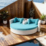 TYSF2548 White Rattan Round Modular Outdoor Sofa Set with Side Table & Turquoise Cushions – Maui Hawaii Coastal Terrace Luxury Social Outdoor Circular Sofa Set