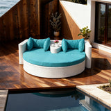 TYSF2548 White Rattan Round Modular Outdoor Sofa Set with Side Table & Turquoise Cushions – Maui Hawaii Coastal Terrace Luxury Social Outdoor Circular Sofa Set