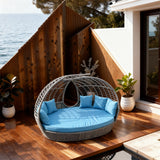 TYSF2549 Grey Rattan Canopy Cutout Round Outdoor Lounge Chair with Bright Blue Cushions – Cancun Mexico Coastal Terrace Luxury Private Outdoor Pod Chair