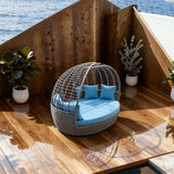 TYSF2549 Grey Rattan Canopy Cutout Round Outdoor Lounge Chair with Bright Blue Cushions – Cancun Mexico Coastal Terrace Luxury Private Outdoor Pod Chair
