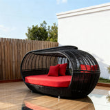 TYSF2549 Grey Rattan Canopy Cutout Round Outdoor Lounge Chair with Bright Blue Cushions – Cancun Mexico Coastal Terrace Luxury Private Outdoor Pod Chair