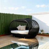 TYSF2549 Grey Rattan Canopy Cutout Round Outdoor Lounge Chair with Bright Blue Cushions – Cancun Mexico Coastal Terrace Luxury Private Outdoor Pod Chair