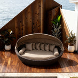 TYSF2551 Black Rattan Shell-Shaped Outdoor Sofa Set with Green Canopy, Ottomans & Matching Cushions – Mahé Seychelles Coastal Terrace Luxury Private Outdoor Canopy Sofa Set