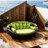 TYSF2551 Black Rattan Shell-Shaped Outdoor Sofa Set with Green Canopy, Ottomans & Matching Cushions – Mahé Seychelles Coastal Terrace Luxury Private Outdoor Canopy Sofa Set