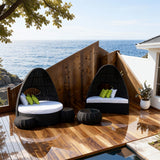 TYSF2552 Black Rattan Cone-Canopy Modular Outdoor Sofa Set with Coffee Table & White-Green Cushions – Nadi Fiji Coastal Terrace Luxury Social Outdoor Pod Sofa Set