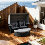 TYSF2553 Black Rattan Canopy Modular Outdoor Sofa Set with Ottoman & Grey Cushions – Queenstown New Zealand Coastal Terrace Luxury Private Outdoor Canopy Sofa Set
