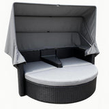 TYSF2553 Black Rattan Canopy Modular Outdoor Sofa Set with Ottoman & Grey Cushions – Queenstown New Zealand Coastal Terrace Luxury Private Outdoor Canopy Sofa Set