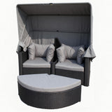 TYSF2553 Black Rattan Canopy Modular Outdoor Sofa Set with Ottoman & Grey Cushions – Queenstown New Zealand Coastal Terrace Luxury Private Outdoor Canopy Sofa Set