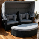 TYSF2553 Black Rattan Canopy Modular Outdoor Sofa Set with Ottoman & Grey Cushions – Queenstown New Zealand Coastal Terrace Luxury Private Outdoor Canopy Sofa Set