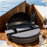TYSF2554 Grey Rattan Round Outdoor Daybed with Black Canopy, Glass Coffee Table & Matching Cushions – Byron Bay Australia Coastal Terrace Luxury Private Outdoor Canopy Daybed