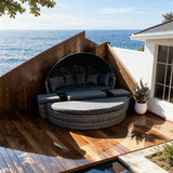 TYSF2554 Grey Rattan Round Outdoor Daybed with Black Canopy, Glass Coffee Table & Matching Cushions – Byron Bay Australia Coastal Terrace Luxury Private Outdoor Canopy Daybed
