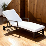 TYSF2556 Brown Rattan Wheeled Adjustable Outdoor Sun Lounger with All-White Cushions – Dubrovnik Croatia Coastal Terrace Luxury Relaxed Outdoor Reclining Sunbed