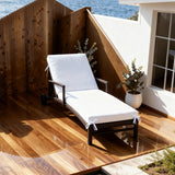 TYSF2556 Brown Rattan Wheeled Adjustable Outdoor Sun Lounger with All-White Cushions – Dubrovnik Croatia Coastal Terrace Luxury Relaxed Outdoor Reclining Sunbed