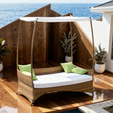 TYSF2557 Natural Rattan Hanging Outdoor Daybed with White Canopy & White-Green Cushions – Nha Trang Vietnam Coastal Terrace Luxury Outdoor Canopy Hanging Daybed