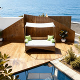 TYSF2557 Natural Rattan Hanging Outdoor Daybed with White Canopy & White-Green Cushions – Nha Trang Vietnam Coastal Terrace Luxury Outdoor Canopy Hanging Daybed