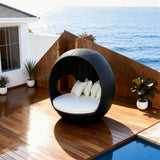 TYSF2558 All-White Rattan Spherical Private Outdoor Lounge Chair with Matching Cushions – Bora Bora French Polynesia Coastal Terrace Luxury Private Outdoor Pod Chair