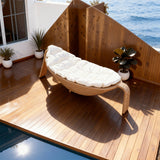TYSF2560 White Rattan Curved Outdoor Sun Lounger with Turquoise Cushions – Amalfi Coast Italy Coastal Terrace Luxury Relaxed Outdoor Reclining Sunbed