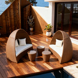 TYSF2561 Brown Rattan Arch-Canopy Modular Outdoor Sofa Set with Side Tables & White Cushions – Okinawa Japan Coastal Terrace Luxury Private Outdoor Arch Sofa Set