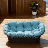 TYSF2563 Brown Rattan Curved Plush Outdoor Sofa with Turquoise Cushions – Bridgetown Barbados Coastal Terrace Luxury Relaxed Outdoor Curved Sofa
