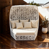 TYSF2565 All-White Rattan Cutout Crescent-Shaped Outdoor Daybed with Cream Cushions – Male Maldives Coastal Terrace Luxury Private Outdoor Cutout Crescent Daybed