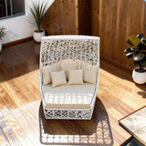 TYSF2565 All-White Rattan Cutout Crescent-Shaped Outdoor Daybed with Cream Cushions – Male Maldives Coastal Terrace Luxury Private Outdoor Cutout Crescent Daybed