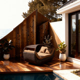 TYSF2562 Brown Rattan Curved Canopy Outdoor Daybed with Lime-Green & Black Cushions – St. Barts Caribbean Coastal Terrace Luxury Vibrant Outdoor Canopy Daybed