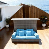 TYSF2566 Grey Rattan Wing-Canopy Outdoor Sofa with Turquoise Cushions – Tahiti French Polynesia Coastal Terrace Luxury Vibrant Outdoor Wing-Canopy Sofa