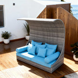 TYSF2566 Grey Rattan Wing-Canopy Outdoor Sofa with Turquoise Cushions – Tahiti French Polynesia Coastal Terrace Luxury Vibrant Outdoor Wing-Canopy Sofa