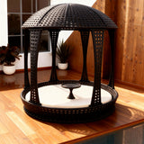TYSF2568 Black Rattan Round Gazebo Outdoor Daybed with Side Table & Cream Cushions – Cancun Mexico Coastal Terrace Luxury Private Outdoor Gazebo Daybed