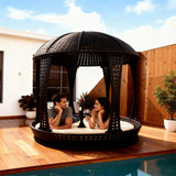TYSF2568 Black Rattan Round Gazebo Outdoor Daybed with Side Table & Cream Cushions – Cancun Mexico Coastal Terrace Luxury Private Outdoor Gazebo Daybed