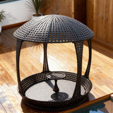 TYSF2568 Black Rattan Round Gazebo Outdoor Daybed with Side Table & Cream Cushions – Cancun Mexico Coastal Terrace Luxury Private Outdoor Gazebo Daybed