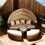 TYSF2570 Brown Rattan Round Canopy Outdoor Sofa Set with Round Table & Beige Cushions – Maui Hawaii Coastal Terrace Luxury Private Outdoor Round Canopy Sofa Set