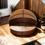 TYSF2570 Brown Rattan Round Canopy Outdoor Sofa Set with Round Table & Beige Cushions – Maui Hawaii Coastal Terrace Luxury Private Outdoor Round Canopy Sofa Set