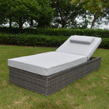 TYSF2571 Grey Rattan Adjustable Outdoor Sun Lounger with All-White Cushions – Algarve Portugal Coastal Terrace Luxury Relaxed Outdoor Reclining Sunbed