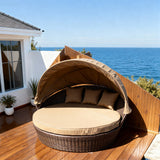 TYSF2572 Brown Rattan Round White Canopy Outdoor Daybed with All-White Cushions – Byron Bay Australia Coastal Terrace Luxury Private Outdoor Round Canopy Daybed