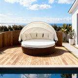 TYSF2572 Brown Rattan Round White Canopy Outdoor Daybed with All-White Cushions – Byron Bay Australia Coastal Terrace Luxury Private Outdoor Round Canopy Daybed