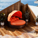 TYSF2572 Brown Rattan Round White Canopy Outdoor Daybed with All-White Cushions – Byron Bay Australia Coastal Terrace Luxury Private Outdoor Round Canopy Daybed