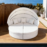TYSF2573 All-White Rattan Curved Canopy Modular Outdoor Daybed with Matching Cushions – Cannes French Riviera Coastal Terrace Luxury Private Outdoor Curved Canopy Daybed