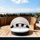 TYSF2573 All-White Rattan Curved Canopy Modular Outdoor Daybed with Matching Cushions – Cannes French Riviera Coastal Terrace Luxury Private Outdoor Curved Canopy Daybed
