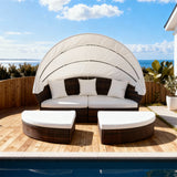 TYSF2573 All-White Rattan Curved Canopy Modular Outdoor Daybed with Matching Cushions – Cannes French Riviera Coastal Terrace Luxury Private Outdoor Curved Canopy Daybed